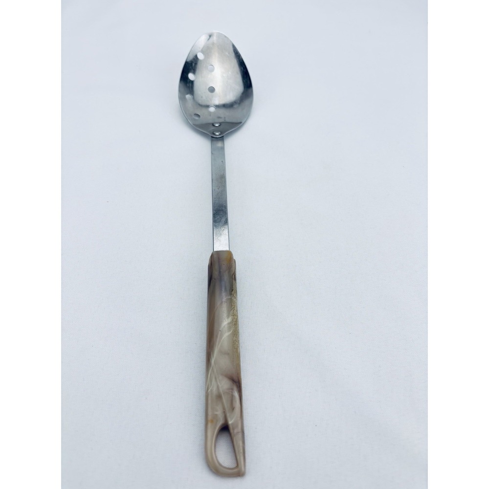 Vintage Tupperware Stainless Slotted Spoon Marbled Swirl Tan Handle - Rare